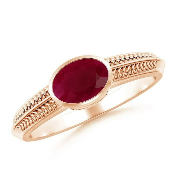 ANGARA Natural Vintage Inspired Bezel-Set Oval 1 ct Ruby Ring with Grooves in 14K Rose Gold for Women (Size-7x5mm) | July Birthstone Jewelry for Her | Natural Ruby Rings