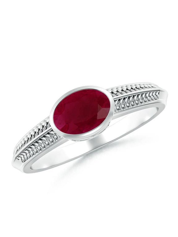 Natural Vintage Inspired Bezel-Set Oval 1 ct Ruby Ring with Grooves in 14K White Gold for Women (Size-7x5mm) | July Birthstone, Anniversary, Jewelry Gift for Women | Natural Ruby Ring