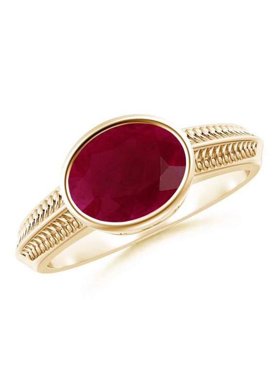 Natural Vintage Inspired Bezel-Set Oval 2 ct Ruby Ring with Grooves in 14K Yellow Gold for Women (Size-9x7mm) | July Birthstone, Anniversary, Jewelry Gift for Women | Natural Ruby Ring