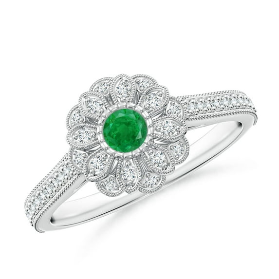 ANGARA Natural Vintage Inspired Emerald Floral Halo Ring with Milgrain in 14K White Gold for Women (Size-3.5mm) | May Birthstone, Birthday, Anniversary, Jewelry Gift for Women | Natural Emerald Ring