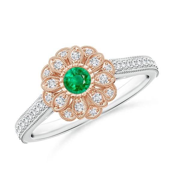 ANGARA Natural Vintage Inspired Emerald Floral Halo Ring with Milgrain in 14K White & Rose Gold for Women (Size-3.5mm) | May Birthstone, Anniversary, Jewelry Gift for Women | Natural Emerald Ring