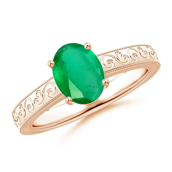 ANGARA Natural Vintage Inspired Oval 1.1 ct Emerald Ring with Engraved Shank in 14K Rose Gold for Women (Size-8x6mm) | May Birthstone, Anniversary, Jewelry Gift for Women | Natural Emerald Ring