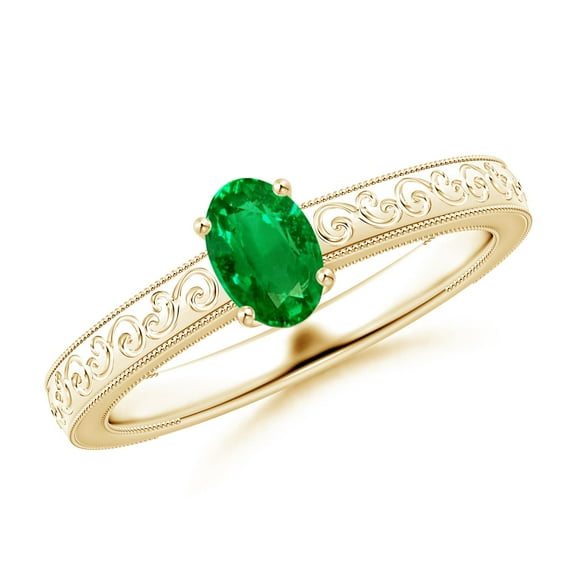 ANGARA Lab Grown Vintage Inspired Oval Emerald Ring with Engraved Shank for Women in 14K Yellow Gold (Size-6x4mm) | May Birthstone Jewelry for Her | Lab-Grown Emerald Engagement Ring
