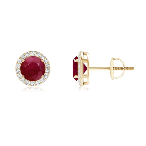 ANGARA Natural Vintage-Inspired Round 1.2 ct Ruby Halo Stud Earrings in 14K Yellow Gold for Women (Size-5mm) | July Birthstone, Birthday, Anniversary, Jewelry Gift for Women | Natural Ruby Earrings