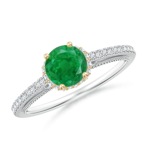 ANGARA Natural Vintage Inspired Round Emerald & Diamond Filigree Ring in 14K White & Yellow Gold for Women (Size-6mm) | May Birthstone, Anniversary, Jewelry Gift for Women | Natural Emerald Ring