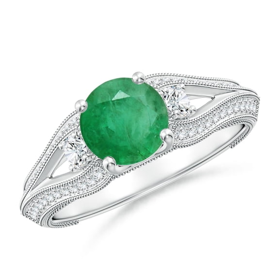 ANGARA Natural Vintage Inspired Round Emerald & Diamond Three Stone Ring in 14K White Gold for Women (Size-6.5mm) | May Birthstone, Anniversary, Jewelry Gift for Women | Natural Emerald Ring