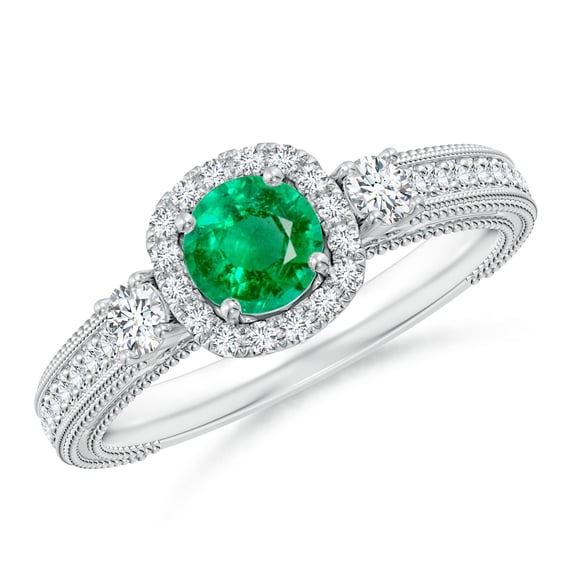 ANGARA Natural Vintage Inspired Round Emerald Halo Ring with Filigree in 14K White Gold for Women (Size-5mm) | May Birthstone, Birthday, Anniversary, Jewelry Gift for Women | Natural Emerald Ring