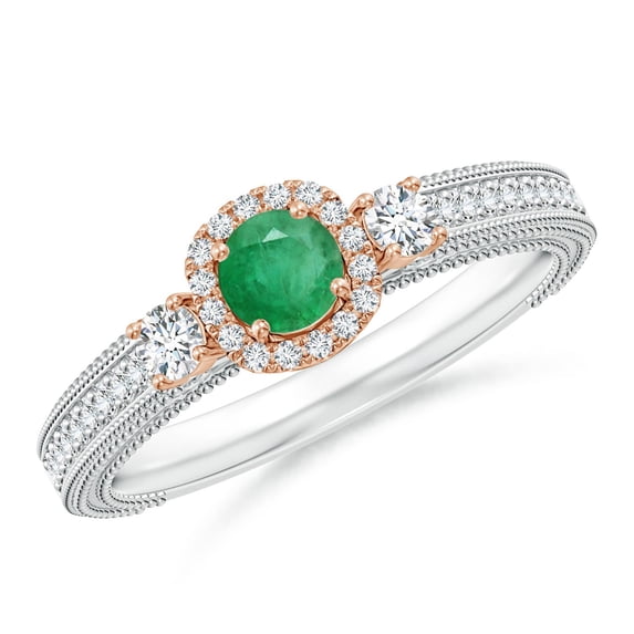 ANGARA Natural Vintage Inspired Round Emerald Halo Ring with Filigree in 14K White & Rose Gold for Women (Size-4mm) | May Birthstone, Anniversary, Jewelry Gift for Women | Natural Emerald Ring