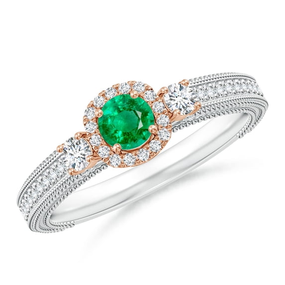 ANGARA Natural Vintage Inspired Round Emerald Halo Ring with Filigree in 14K White & Rose Gold for Women (Size-4mm) | May Birthstone, Anniversary, Jewelry Gift for Women | Natural Emerald Ring