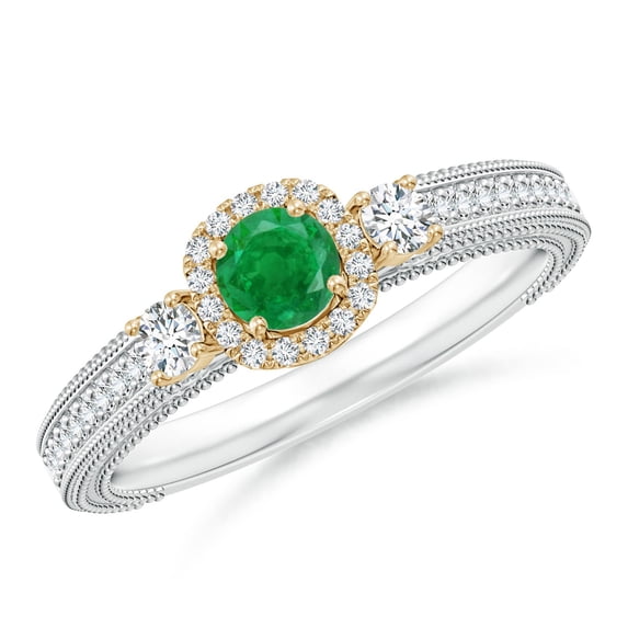 ANGARA Natural Vintage Inspired Round Emerald Halo Ring with Filigree in 14K White & Yellow Gold for Women (Size-4mm) | May Birthstone, Anniversary, Jewelry Gift for Women | Natural Emerald Ring