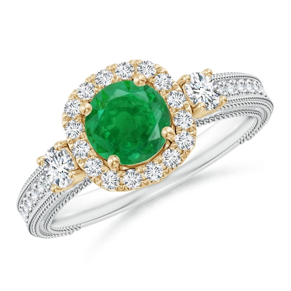 ANGARA Natural Vintage Inspired Round Emerald Halo Ring with Filigree in 14K White & Yellow Gold for Women (Size-6mm) | May Birthstone, Anniversary, Jewelry Gift for Women | Natural Emerald Ring