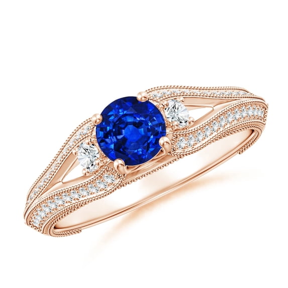 ANGARA Natural Vintage Inspired Round Sapphire & Diamond Three Stone Ring in 14K Rose Gold for Women (Size-5mm) | September Birthstone, Anniversary, Jewelry Gift for Women | Natural Sapphire Ring