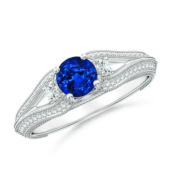 ANGARA Natural Vintage Inspired Round Sapphire & Diamond Three Stone Ring in 14K White Gold for Women (Size-5mm) | September Birthstone, Anniversary, Jewelry Gift for Women | Natural Sapphire Ring