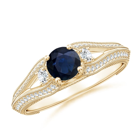 ANGARA Natural Vintage Inspired Round Sapphire & Diamond Three Stone Ring in 14K Yellow Gold for Women (Size-5mm) | September Birthstone, Anniversary, Jewelry Gift for Women | Natural Sapphire Ring
