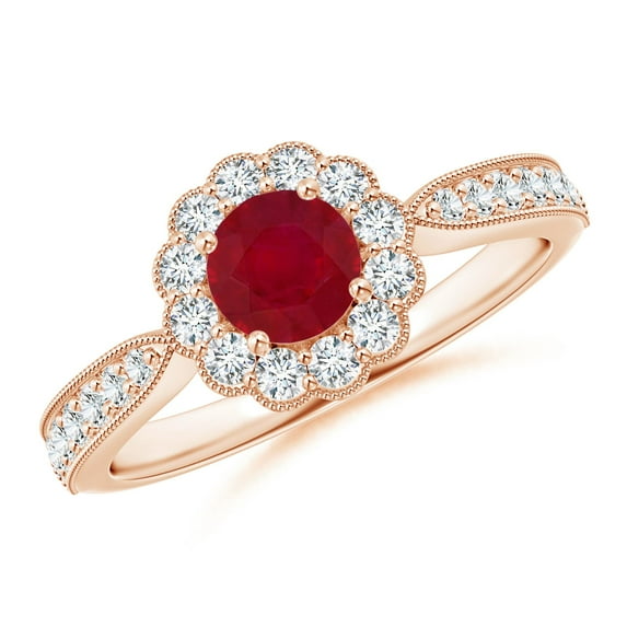 ANGARA Natural Vintage Inspired Ruby Milgrain Ring with Diamond Halo in 14K Rose Gold for Women (Size-5mm) | July Birthstone, Birthday, Anniversary, Jewelry Gift for Women | Natural Ruby Ring