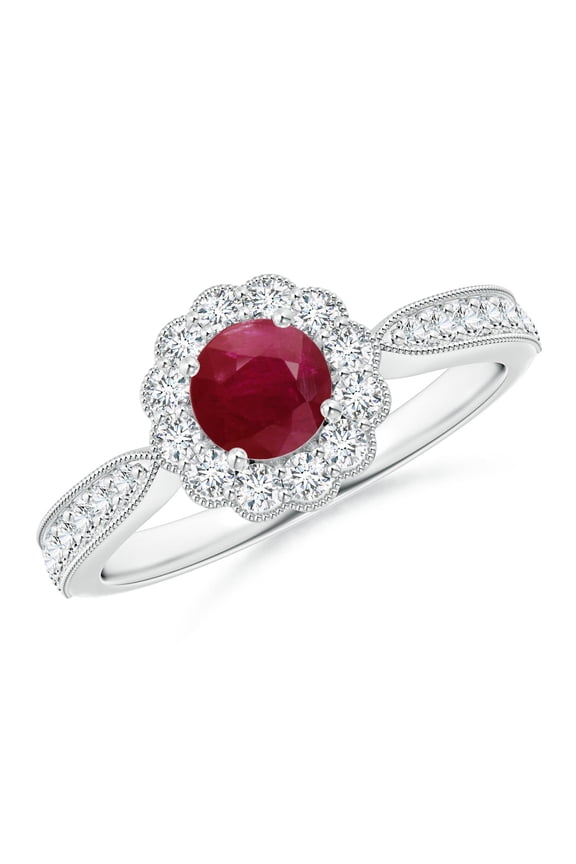 Natural Vintage Inspired Ruby Milgrain Ring with Diamond Halo in 14K White Gold for Women (Size-5mm) | July Birthstone, Birthday, Anniversary, Jewelry Gift for Women | Natural Ruby Ring