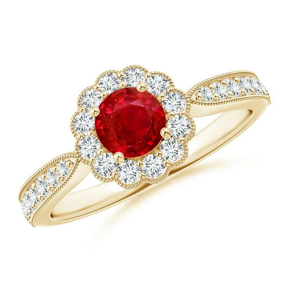 ANGARA Natural Vintage Inspired Ruby Milgrain Ring with Diamond Halo in 14K Yellow Gold for Women (Size-5mm) | July Birthstone Jewelry for Her | Natural Ruby Rings