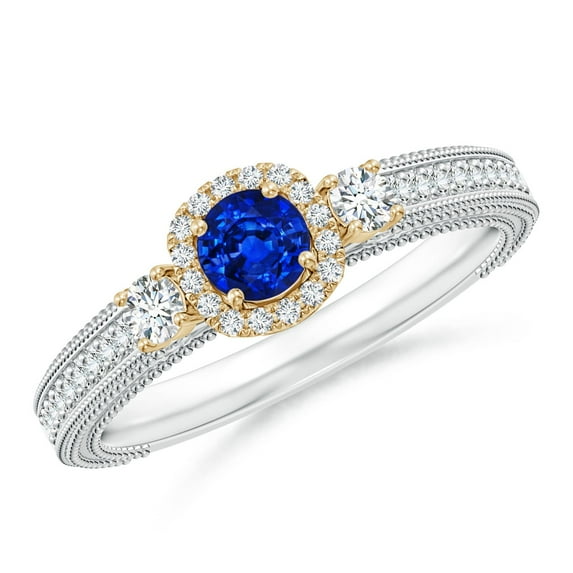 ANGARA Natural Vintage Inspired Sapphire Halo Ring with Filigree in 14K White & Yellow Gold for Women (Size-4mm) | September Birthstone, Anniversary, Jewelry Gift for Women | Natural Sapphire Ring