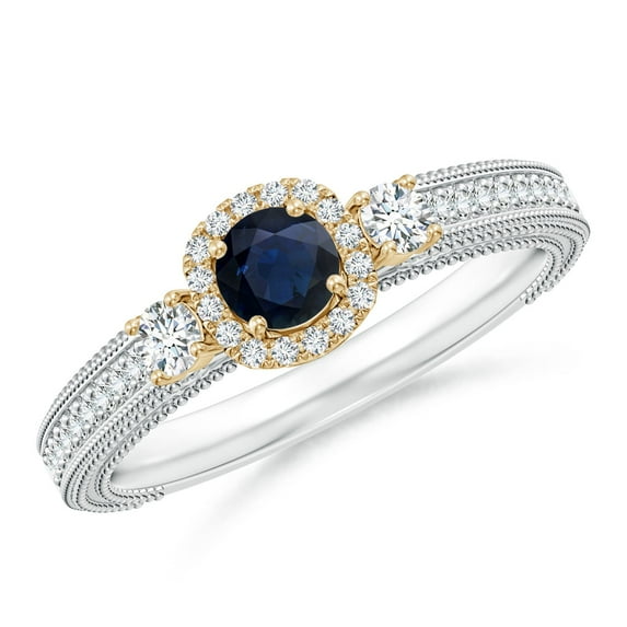 ANGARA Natural Vintage Inspired Sapphire Halo Ring with Filigree in 14K White & Yellow Gold for Women (Size-4mm) | September Birthstone, Anniversary, Jewelry Gift for Women | Natural Sapphire Ring