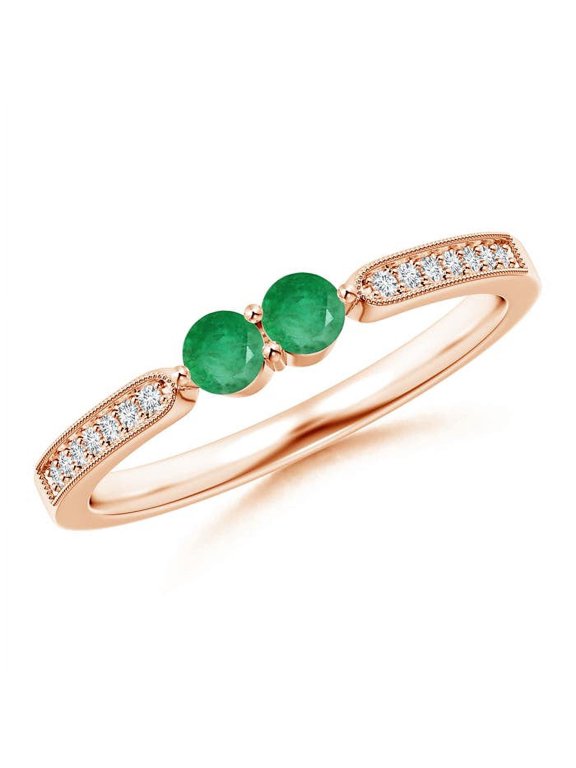 Natural Vintage Inspired Two Stone Emerald Ring with Diamonds in 14K Rose Gold for Women (Size-3mm) | May Birthstone, Birthday, Anniversary, Jewelry Gift for Women | Natural Emerald Ring
