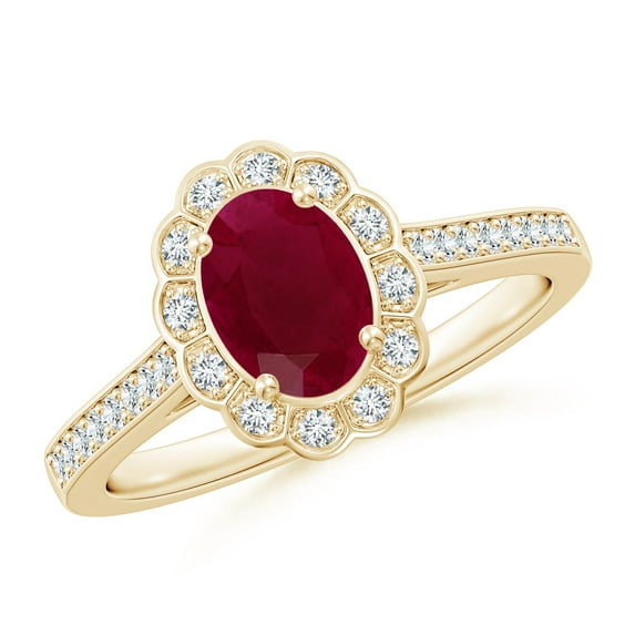 ANGARA Natural Vintage Style 1 ct Ruby & Diamond Scalloped Halo Ring in 14K Yellow Gold for Women (Size-7x5mm) | July Birthstone Jewelry for Her | Natural Ruby Rings