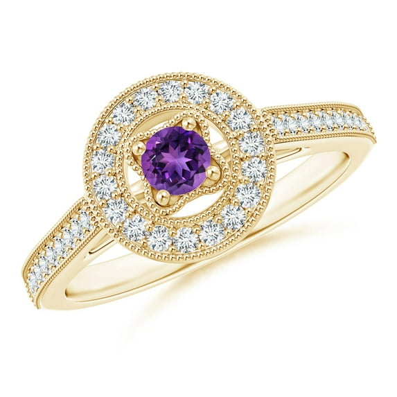 ANGARA Natural Vintage Style Amethyst Halo Ring with Milgrain Detailing in 14K Yellow Gold for Women (Size-3.5mm) | February Birthstone, Anniversary, Jewelry Gift for Women | Natural Amethyst Ring