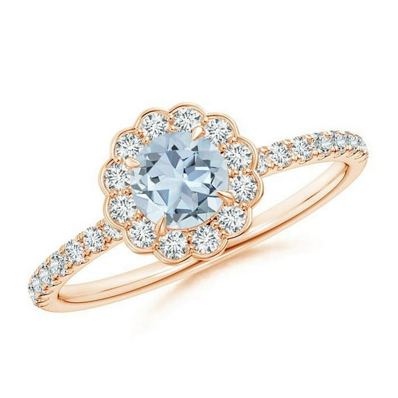 ANGARA Natural Vintage Style Aquamarine Flower Ring with Diamond Accents in 14K Rose Gold for Women (Size-5mm) | March Birthstone, Anniversary, Jewelry Gift for Women | Natural Aquamarine Ring