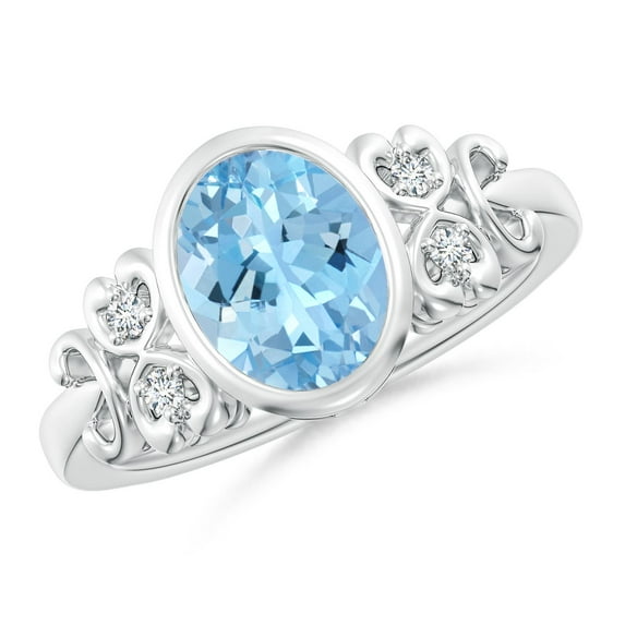ANGARA Natural Vintage Style Bezel-Set 1.5 ct Aquamarine Ring with Diamonds in 14K White Gold for Women (Size-9x7mm) | March Birthstone, Anniversary, Jewelry Gift for Women | Natural Aquamarine Ring
