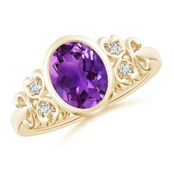 ANGARA Natural Vintage Style Bezel-Set 1.6 ct Amethyst Ring with Diamonds in 14K Yellow Gold for Women (Size-9x7mm) | February Birthstone, Anniversary, Jewelry Gift for Women | Natural Amethyst Ring