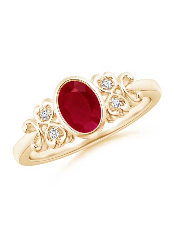 Natural Vintage Style Bezel-Set 1 ct Ruby Engagement Ring with Diamonds in 14K Yellow Gold for Women (Size-7x5mm) | July Birthstone, Anniversary, Jewelry Gift for Women | Natural Ruby Ring