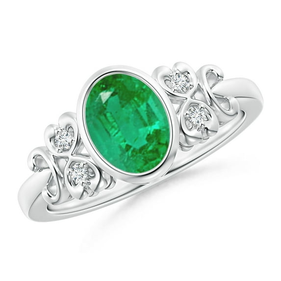 ANGARA Natural Vintage Style Bezel-Set Oval 1.1 ct Emerald Ring with Diamonds in 14K White Gold for Women (Size-8x6mm) | May Birthstone, Anniversary, Jewelry Gift for Women | Natural Emerald Ring