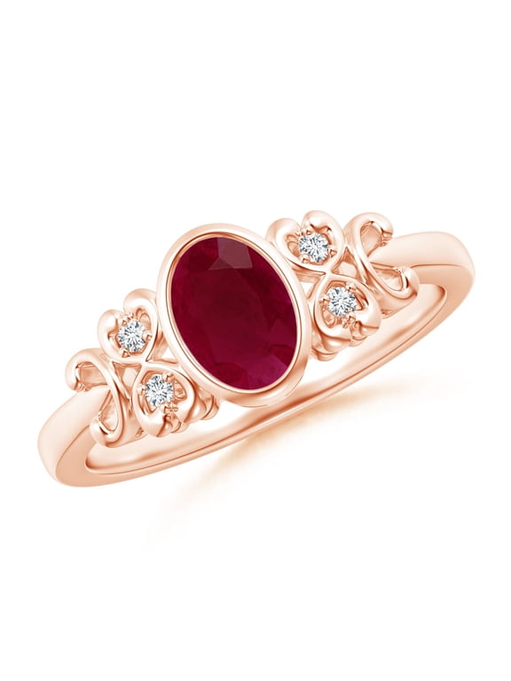 Natural Vintage Style Bezel-Set Oval 1 ct Ruby Engagement Ring with Diamonds in 14K Rose Gold for Women (Size-7x5mm) | July Birthstone, Anniversary, Jewelry Gift for Women | Natural Ruby Ring