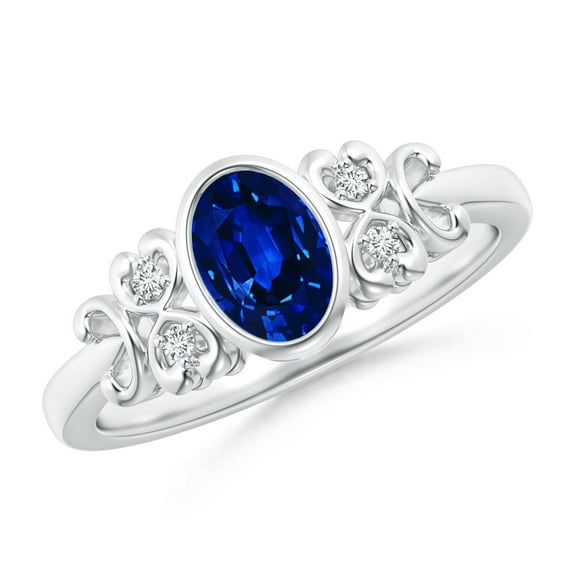 ANGARA Natural Vintage Style Bezel-Set Oval Sapphire Ring with Diamonds in 14K White Gold for Women (Size-7x5mm) | September Birthstone, Anniversary, Jewelry Gift for Women | Natural Sapphire Ring