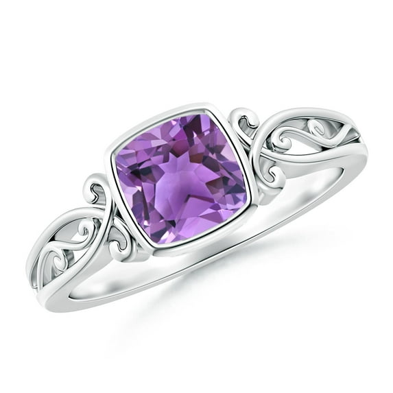 ANGARA Natural Vintage Style Cushion Amethyst Solitaire Ring in 14K White Gold for Women (Size-6mm) | February Birthstone, Birthday, Anniversary, Jewelry Gift for Women | Natural Amethyst Ring