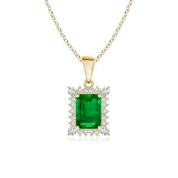 ANGARA Natural Vintage Style Emerald-Cut Emerald Halo Pendant in 14K Yellow Gold for Women (Size-6x4mm) | May Birthstone, Birthday, Anniversary, Jewelry Gift for Women | Natural Emerald Necklace