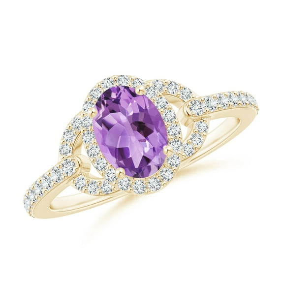 ANGARA Natural Vintage Style Oval Amethyst Halo Ring in 14K Yellow Gold for Women (Size-7x5mm) | February Birthstone, Birthday, Anniversary, Jewelry Gift for Women | Natural Amethyst Ring