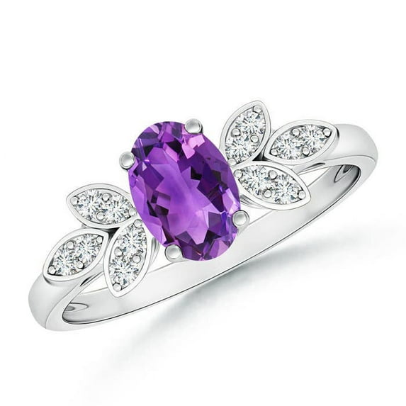 ANGARA Natural Vintage Style Oval Amethyst Ring with Diamond Accents in 14K White Gold for Women (Size-7x5mm) | February Birthstone, Anniversary, Jewelry Gift for Women | Natural Amethyst Ring
