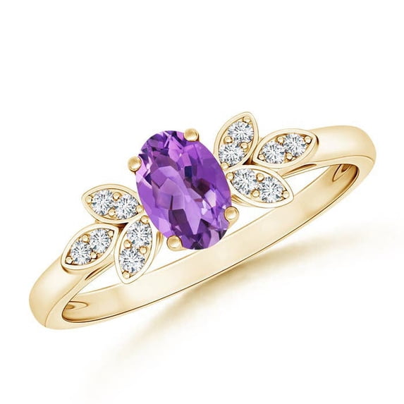ANGARA Natural Vintage Style Oval Amethyst Ring with Diamond Accents in 14K Yellow Gold for Women (Size-6x4mm) | February Birthstone, Anniversary, Jewelry Gift for Women | Natural Amethyst Ring