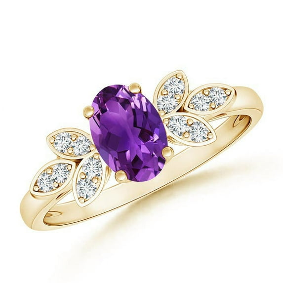 ANGARA Natural Vintage Style Oval Amethyst Ring with Diamond Accents in 14K Yellow Gold for Women (Size-7x5mm) | February Birthstone, Anniversary, Jewelry Gift for Women | Natural Amethyst Ring