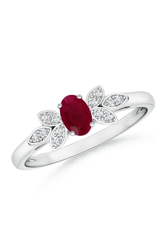 Natural Vintage Style Oval Ruby Ring with Diamond Accents in 14K White Gold for Women (Size-5x3mm) | July Birthstone, Birthday, Anniversary, Jewelry Gift for Women | Natural Ruby Ring
