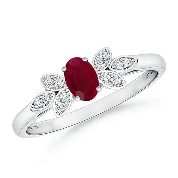 ANGARA Natural Vintage Style Oval Ruby Ring with Diamond Accents in 14K White Gold for Women (Size-5x3mm) | July Birthstone Jewelry for Her