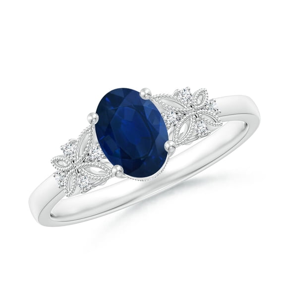 ANGARA Natural Vintage Style Oval Sapphire Ring with Diamonds in 14K White Gold for Women (Size-7x5mm) | September Birthstone, Anniversary, Jewelry Gift for Women | Natural Blue Sapphire Ring