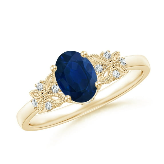 ANGARA Natural Vintage Style Oval Sapphire Ring with Diamonds in 14K Yellow Gold for Women (Size-7x5mm) | September Birthstone, Anniversary, Jewelry Gift for Women | Natural Blue Sapphire Ring