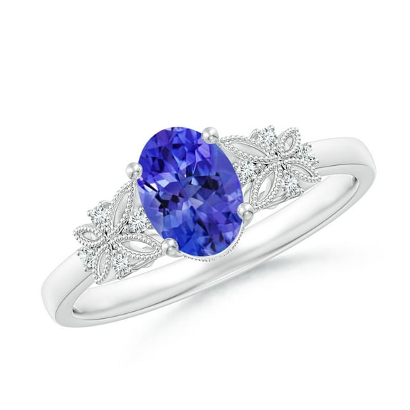 ANGARA Natural Vintage Style Oval Tanzanite Ring with Diamonds in 14K White Gold for Women (Size-7x5mm) | December Birthstone, Birthday, Anniversary, Jewelry Gift for Women | Natural Tanzanite Ring