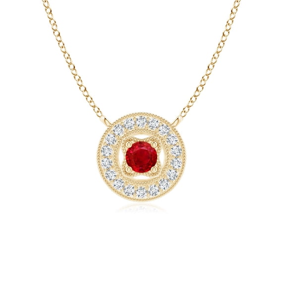 ANGARA Natural Vintage Style Ruby Halo Pendant with Milgrain Detailing in 14K Yellow Gold for Women (Size-2.5mm) | July Birthstone, Anniversary, Jewelry Gift for Women | Natural Ruby Necklace