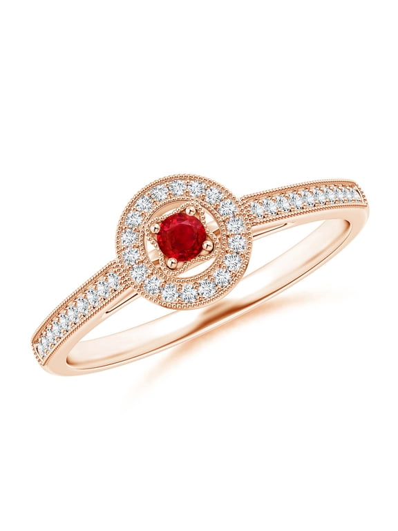 Natural Vintage Style Ruby Halo Ring with Milgrain Detailing in 14K Rose Gold for Women (Size-2.5mm) | July Birthstone, Birthday, Anniversary, Jewelry Gift for Women | Natural Ruby Ring