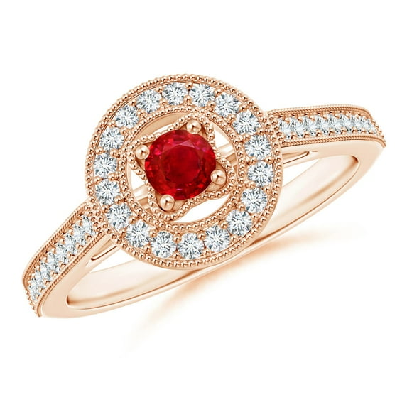 ANGARA Natural Vintage Style Ruby Halo Ring with Milgrain Detailing in 14K Rose Gold for Women (Size-3.5mm) | July Birthstone, Birthday, Anniversary, Jewelry Gift for Women | Natural Ruby Ring
