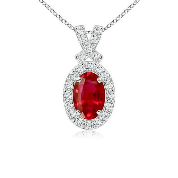 ANGARA Natural Vintage Style Ruby Pendant with Diamond Halo in 14K White Gold for Women (Size-6x4mm) | July Birthstone, Birthday, Anniversary, Jewelry Gift for Women | Natural Ruby Necklace