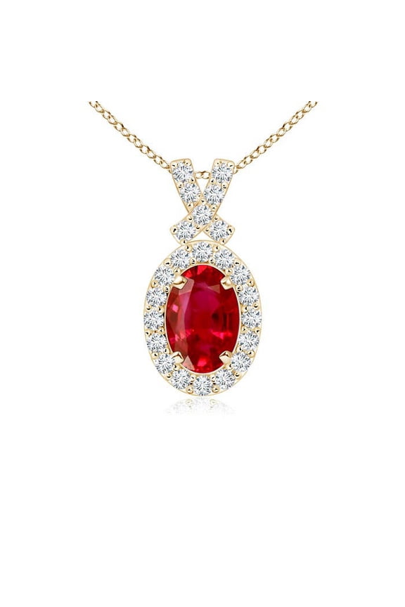 Natural Vintage Style Ruby Pendant with Diamond Halo in 14K Yellow Gold for Women (Size-6x4mm) | July Birthstone, Birthday, Anniversary, Jewelry Gift for Women | Natural Ruby Necklace