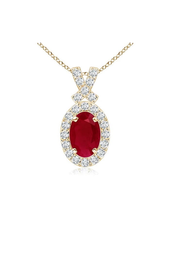 Natural Vintage Style Ruby Pendant with Diamond Halo in 14K Yellow Gold for Women (Size-6x4mm) | July Birthstone, Birthday, Anniversary, Jewelry Gift for Women | Natural Ruby Necklace